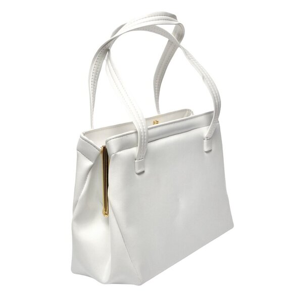 Vintage CALEGO Vegan Faux Leather Handbag 1970s Purse White Gold Simpsons Store - Picture 6 of 11